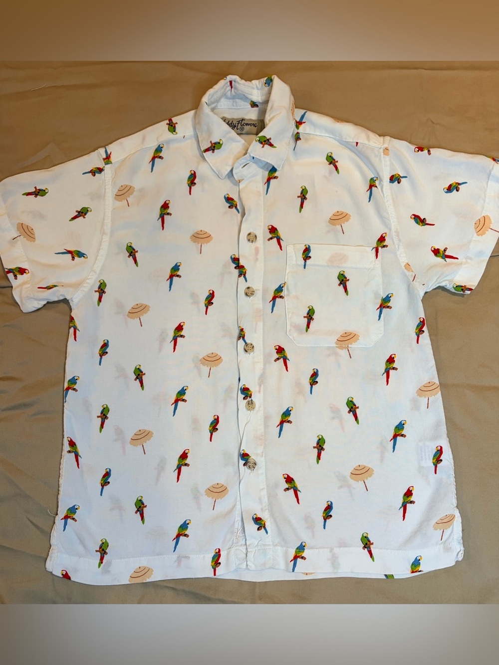 Kiddy Flowers by Kenny Flowers boys Hawaiian shirt with parrots sz 12 EUC